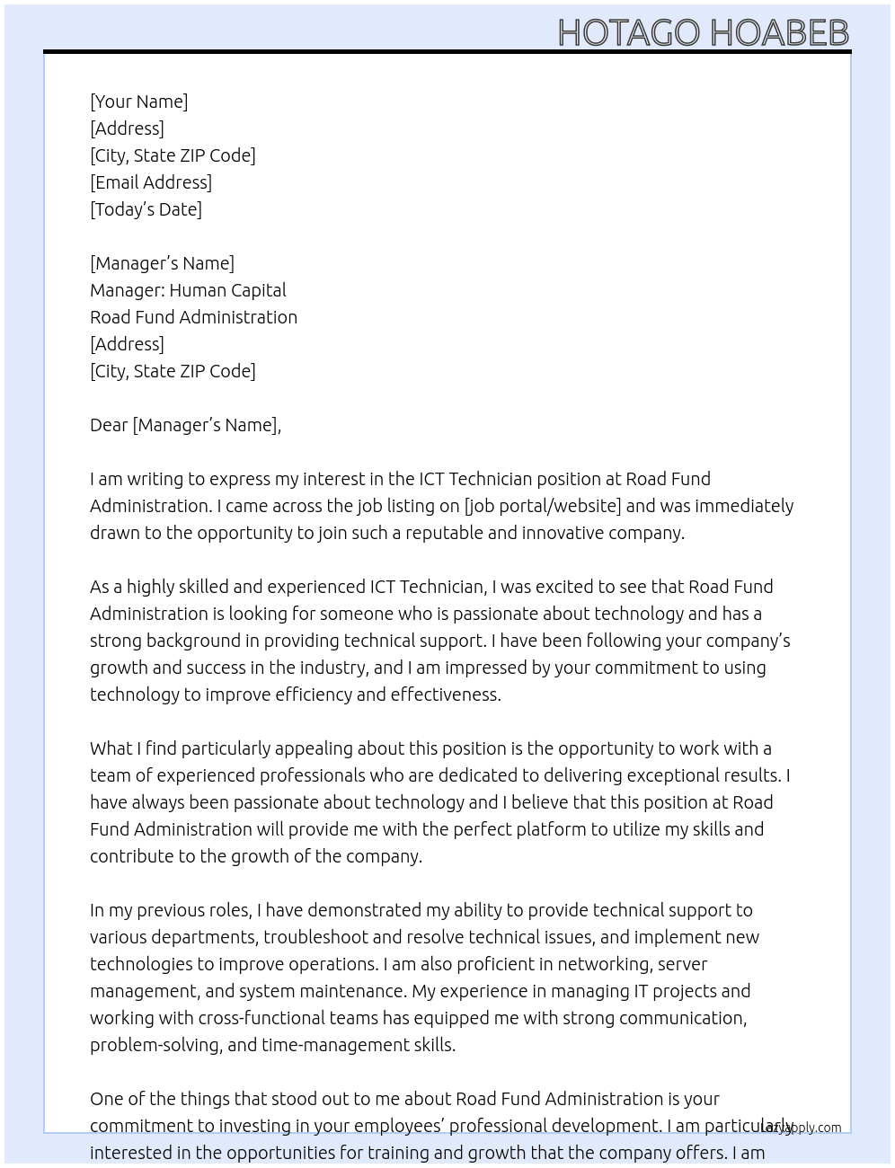 ICT Technician At Road Fund Administration Cover Letter