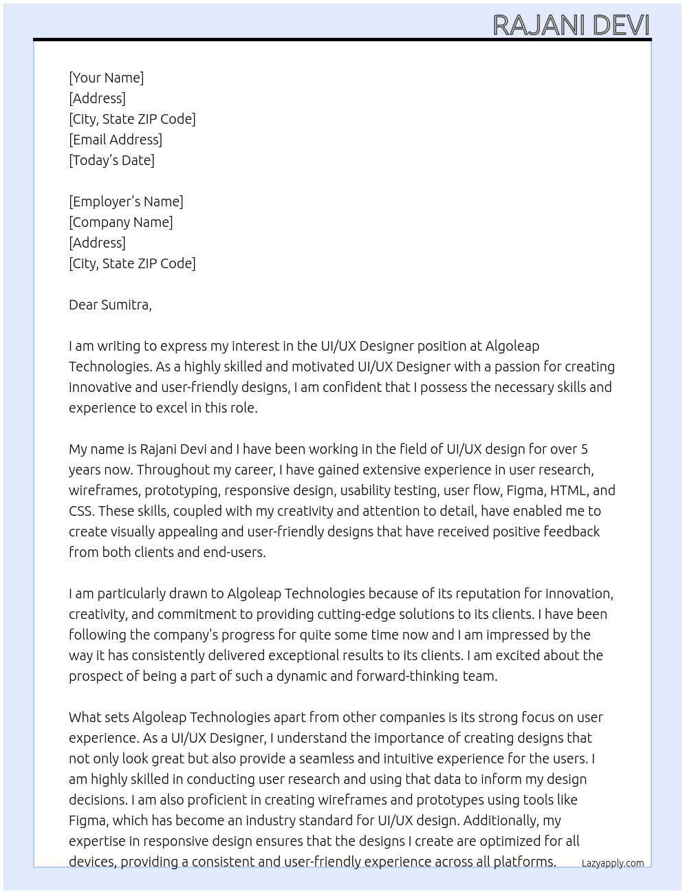 UI/UX Designer At  Algoleap Technologies Cover Letter