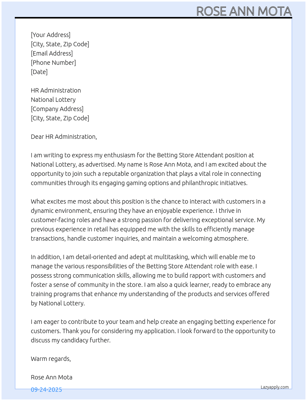Betting Store attendant  At National lottery  Cover Letter
