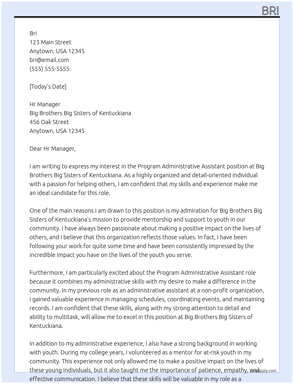 Program Administrative Assistant At Big Brothers Big Sisters of Kentuckiana Cover Letter