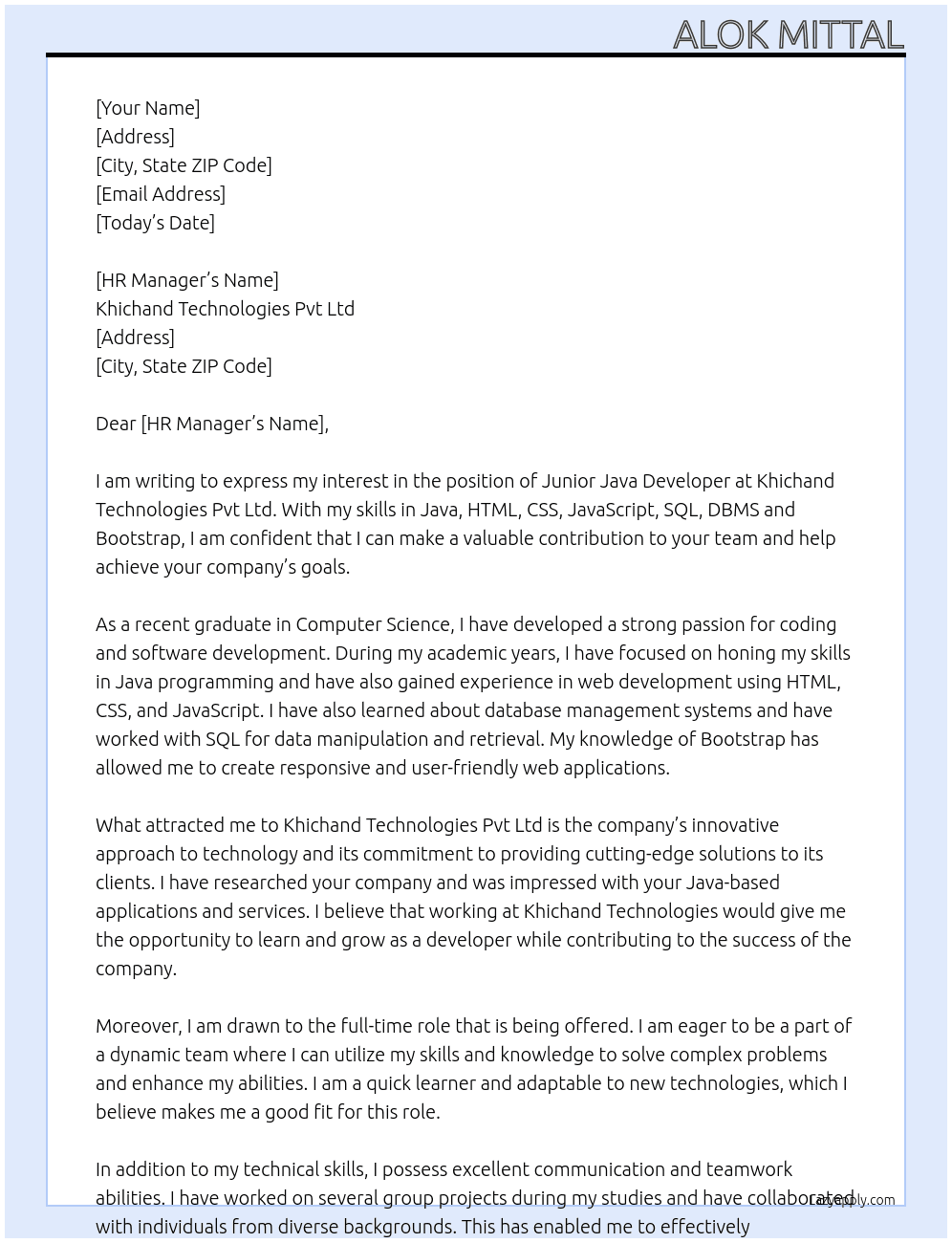 Junior Java developer  At Khichand Technologies pvt Ltd  Cover Letter