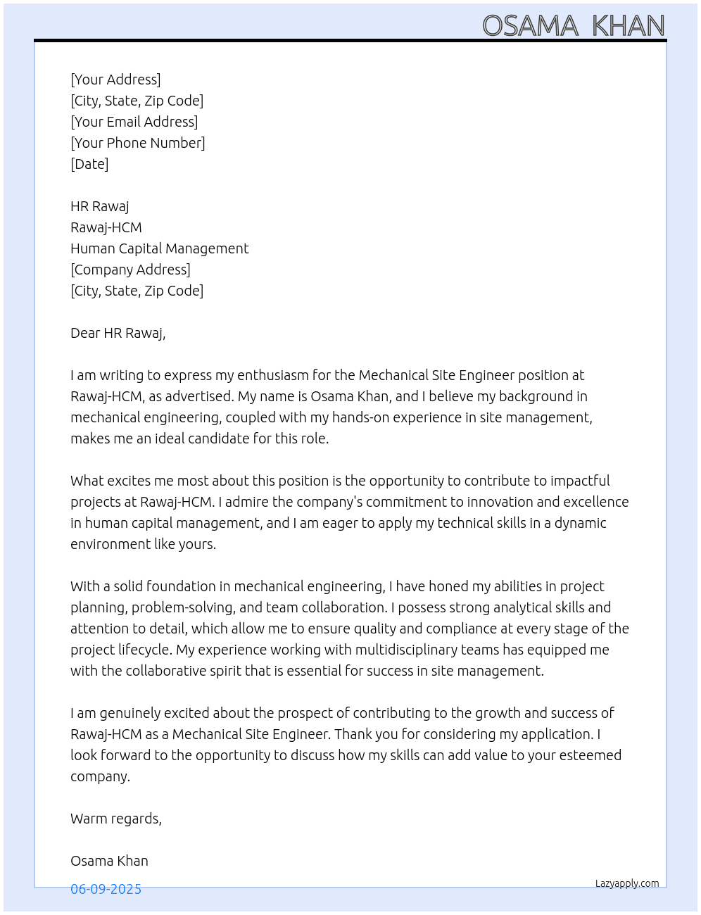 Mechanical Site Engineer At Rawaj-HCM, Human Capital Management. Cover Letter