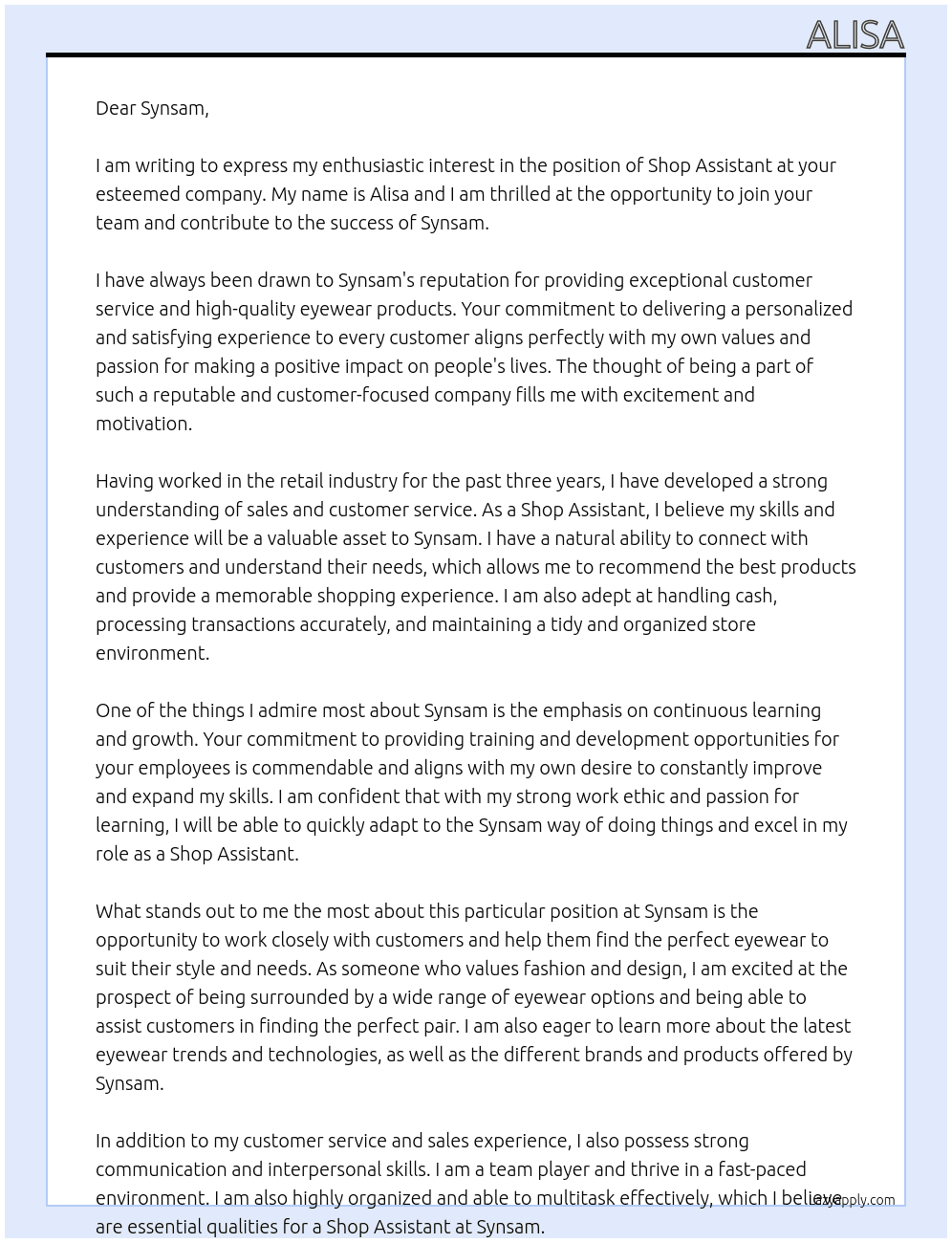 Shop assistant At Synsam Cover Letter