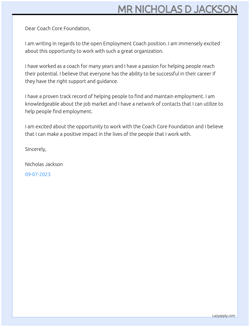 Employment Coach At Coach Core Foundation Cover Letter