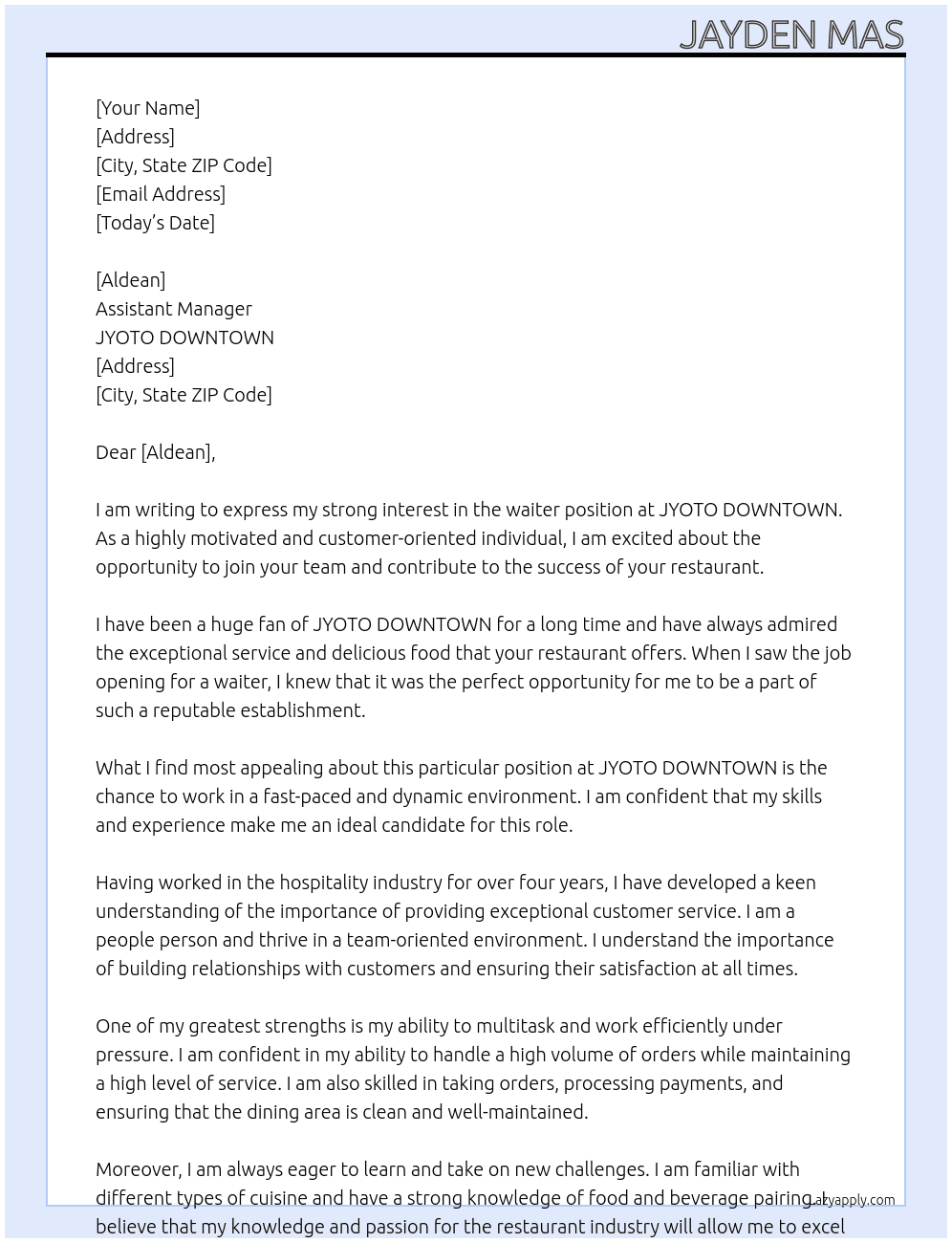 waiter At JYOTO DOWNTOWN Cover Letter