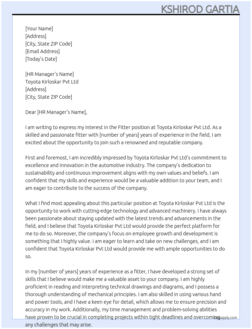 Fitter  At Toyota Kirloskar Pvt Ltd  Cover Letter