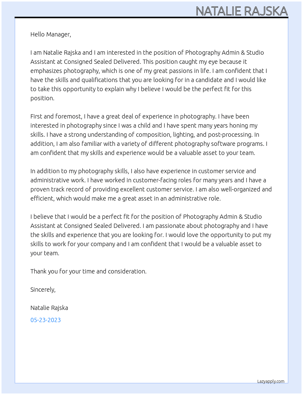 Photography Admin & Studio Assistant At Consigned Sealed Delivered Cover Letter