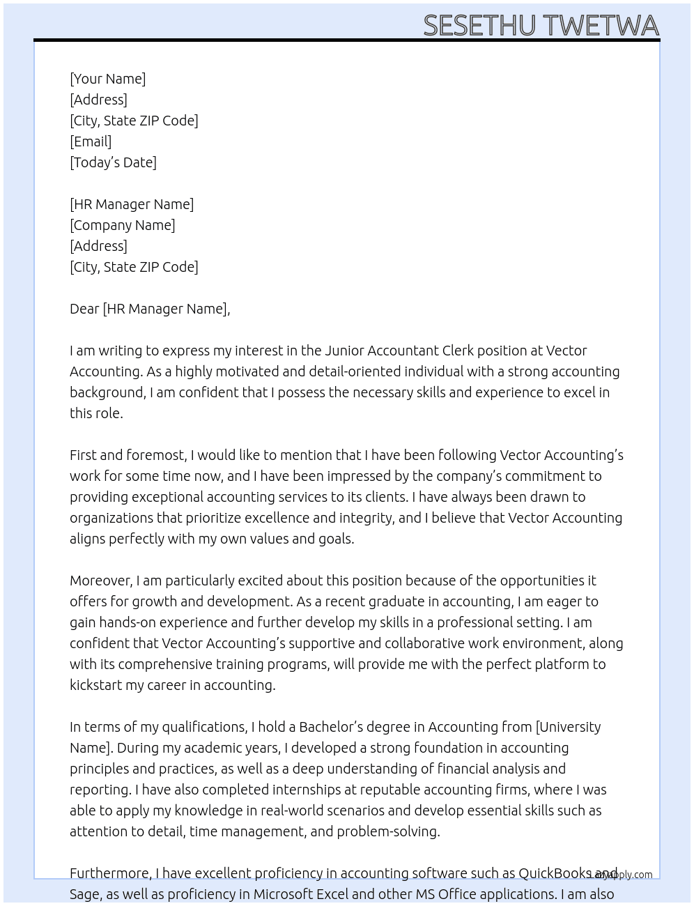 Junior Accountant Clerk At vector accounting  Cover Letter