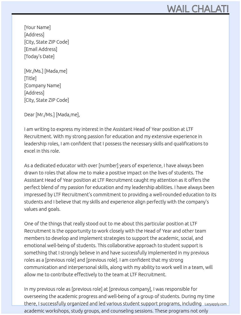 Assistant Head of Year At LTF Recruitment Cover Letter