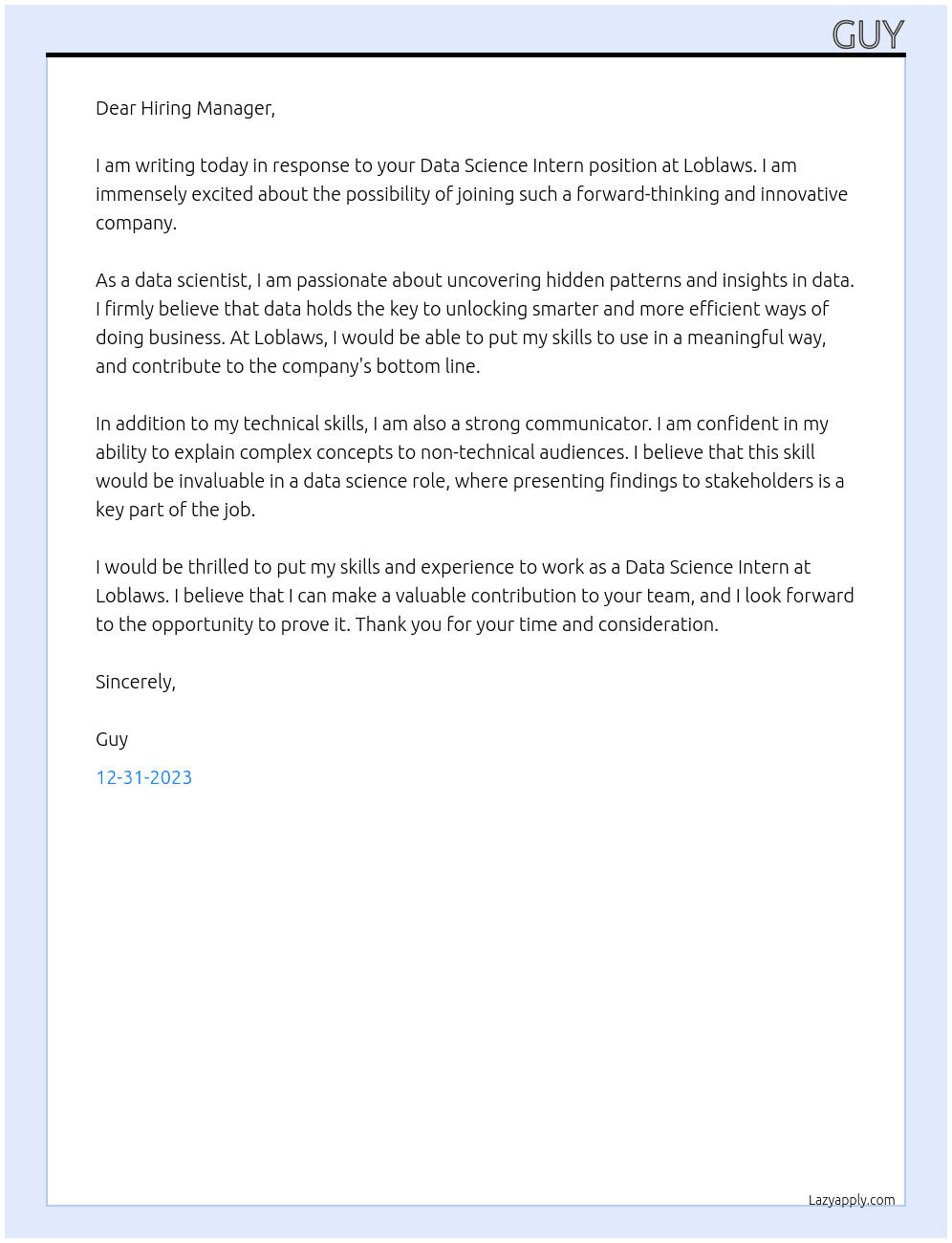 Data Science Intern At Loblaws Cover Letter