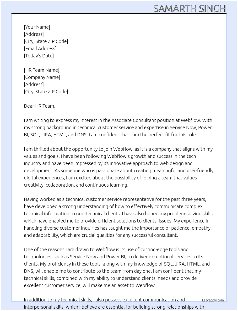Associate consultant At Webflow Cover Letter