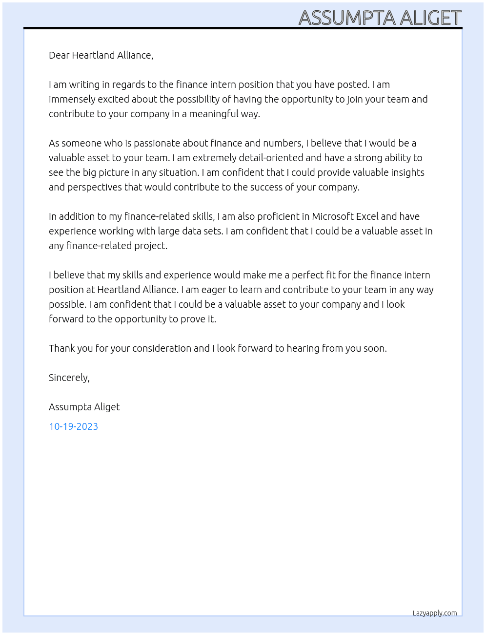 Finance intern At Heartland Alliance  Cover Letter