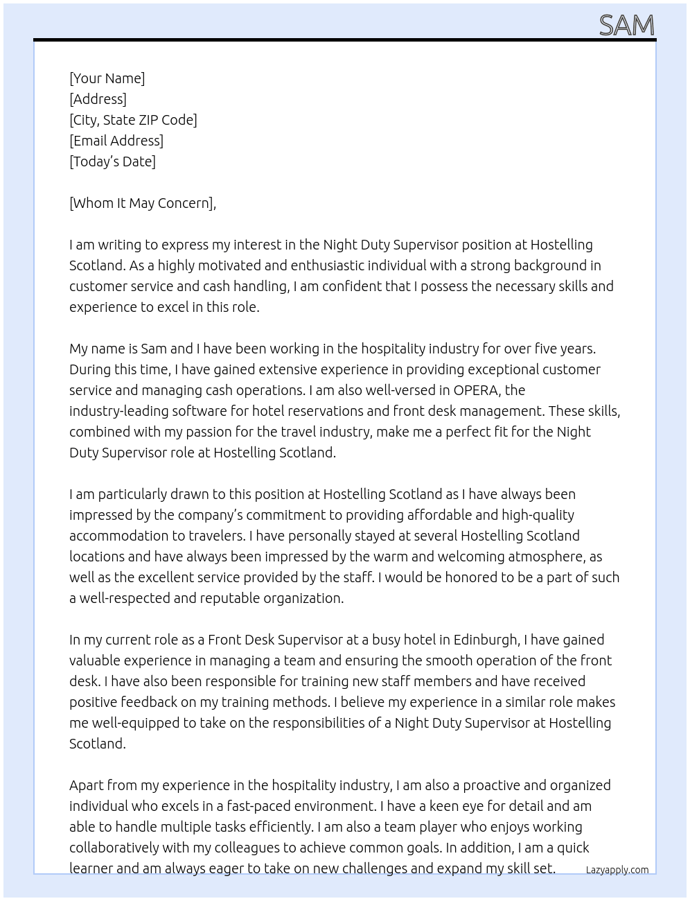 Night Duty Supervisor  At Hostelling Scotland  Cover Letter