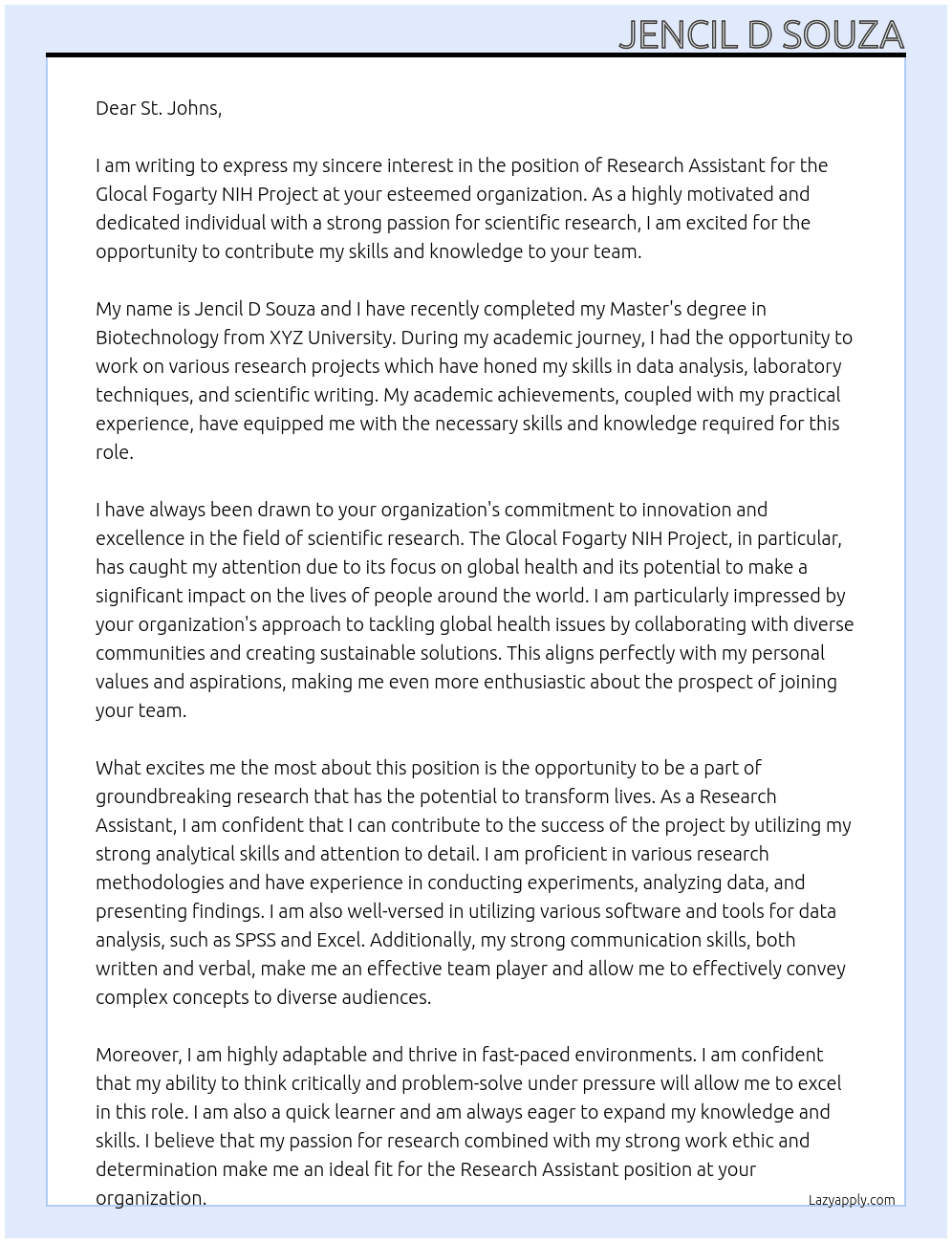 Research Assistant - Glocal Fogarty NIH Project At St John Cover Letter