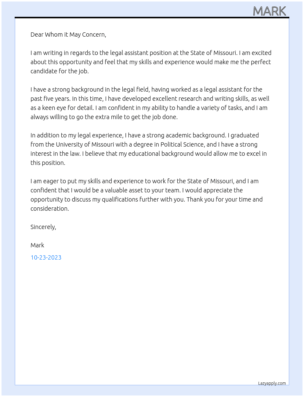 legal assistant  At State of Missouri Cover Letter