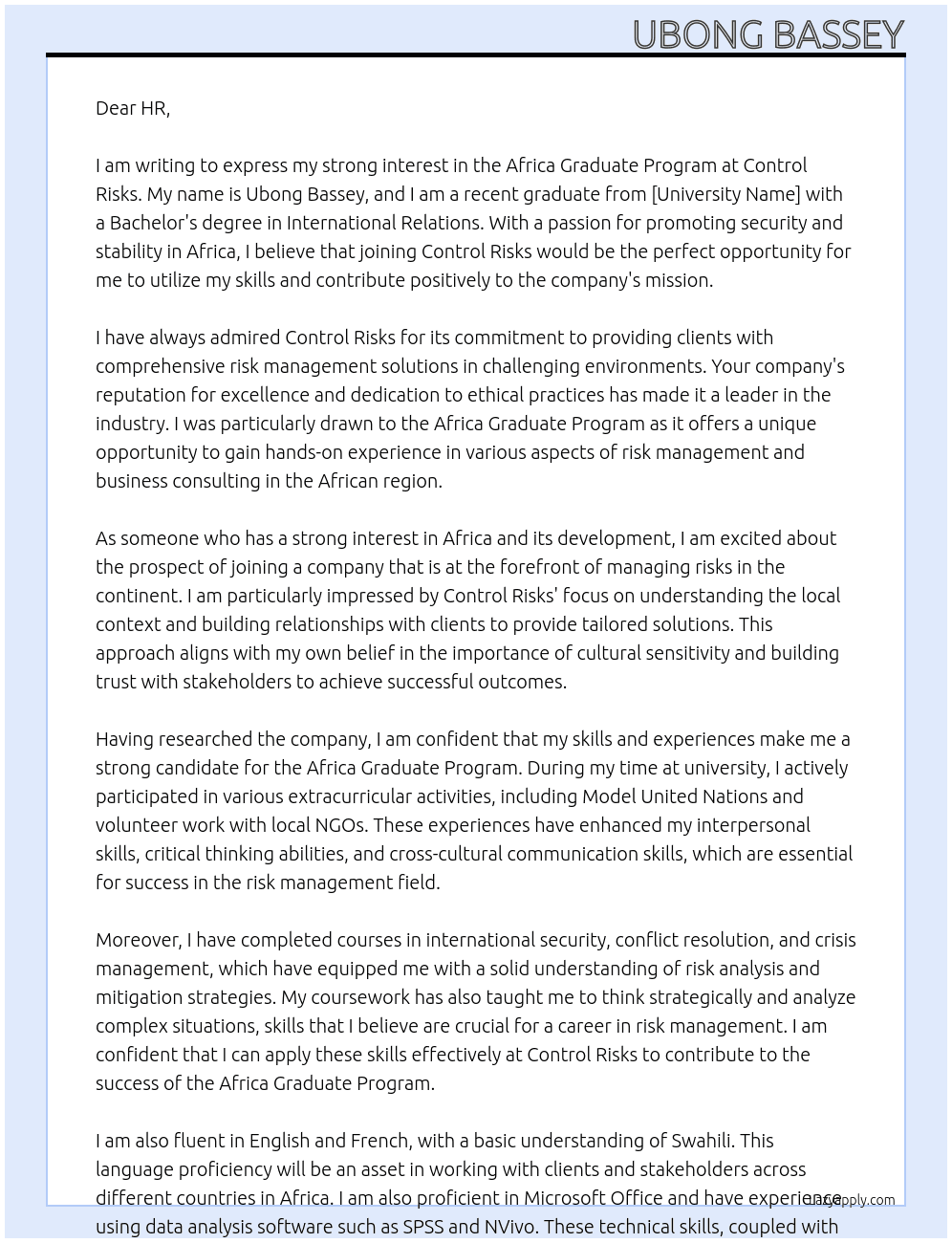 Africa graduate program At Control risks Cover Letter