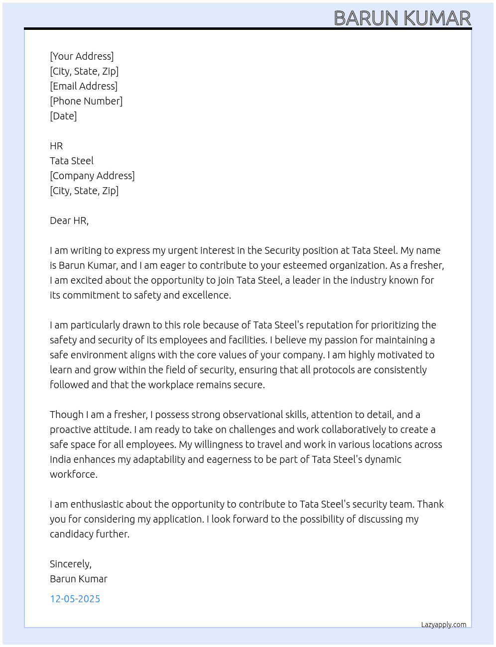 Security  At Tata steel  Cover Letter