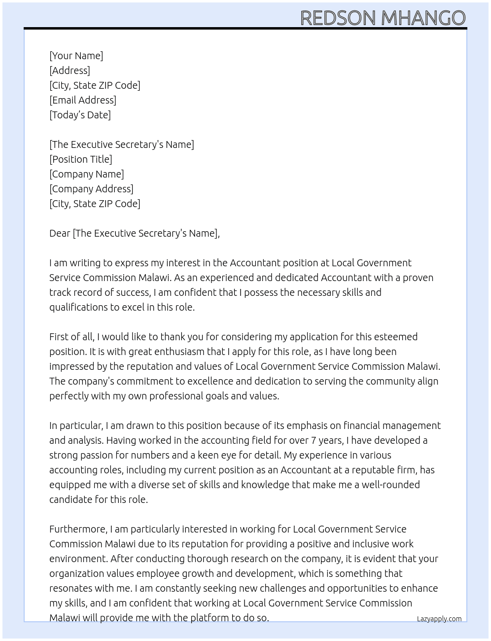 Accountant At Local Government Service Commission Malawi Cover Letter