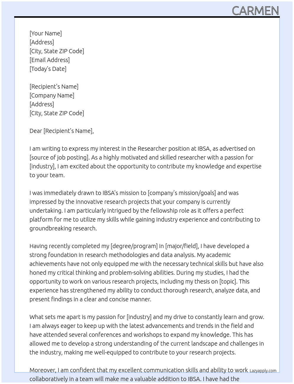 Researcher At IBSA Cover Letter