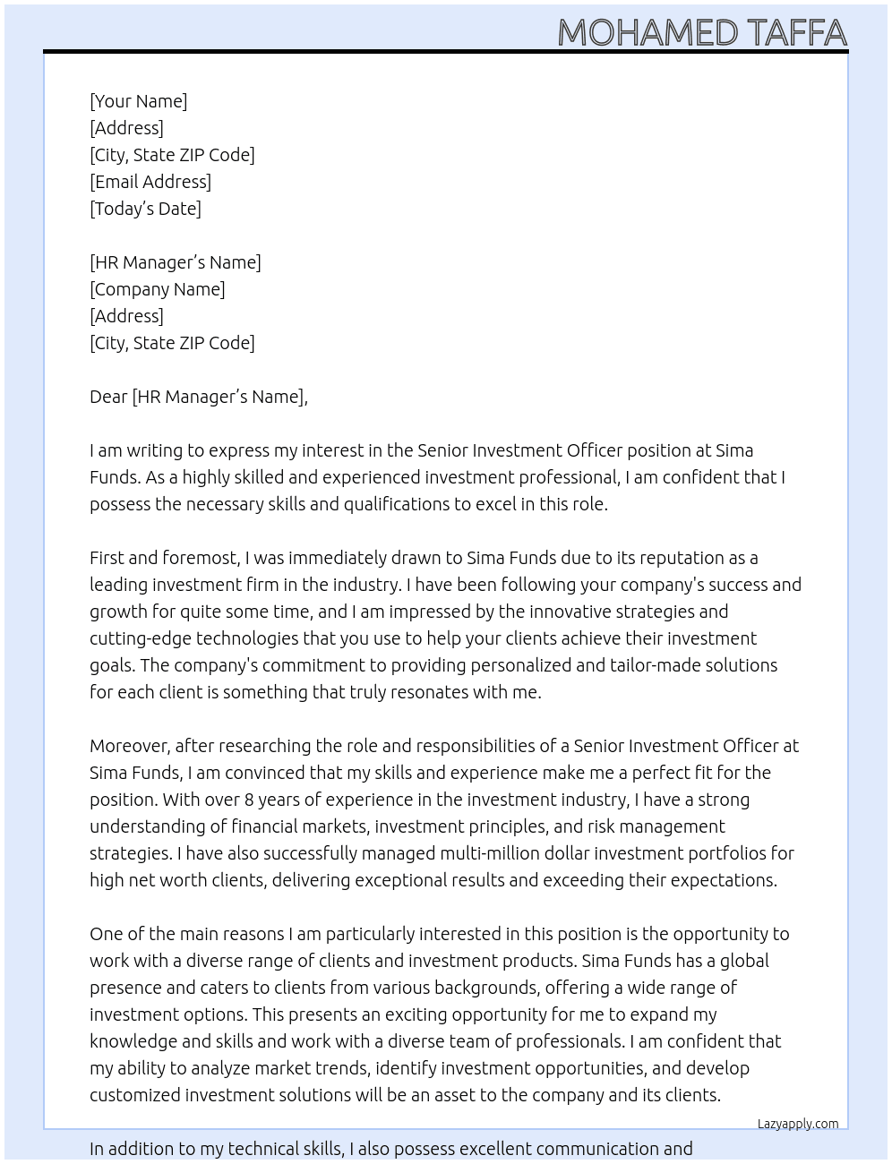 Senior Investment officier At Sima funds Cover Letter