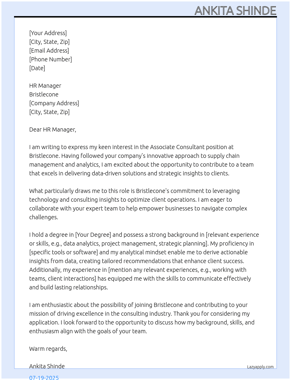 Cover letter for associate consultant - LazyApply