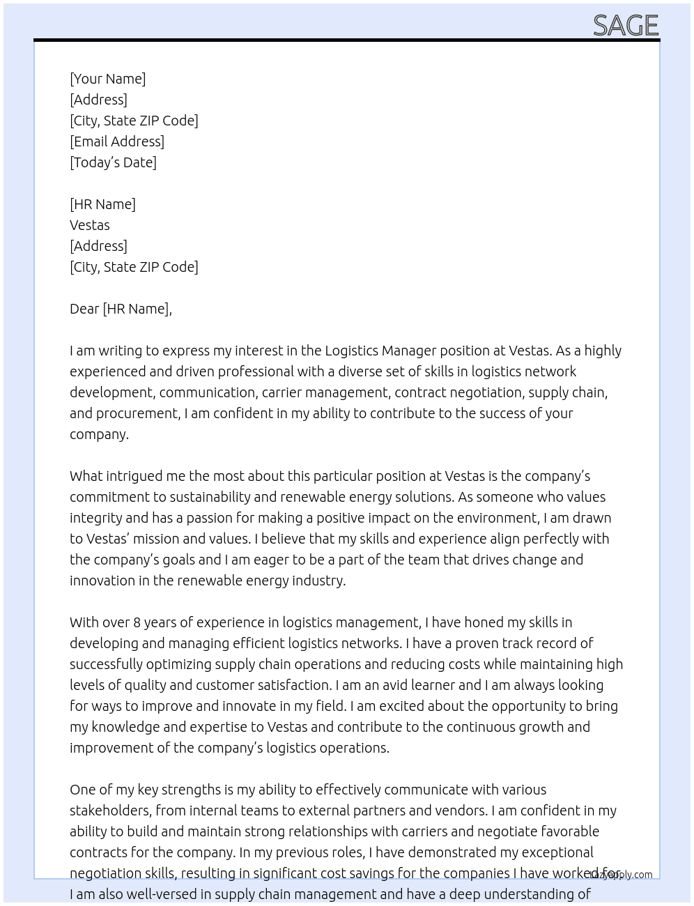 Logistics Manager At Vestas Cover Letter