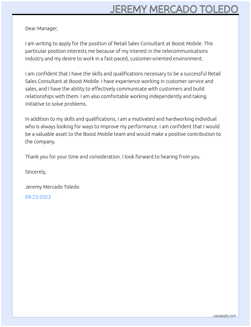 Retail Sales Consultant At boost mobile Cover Letter