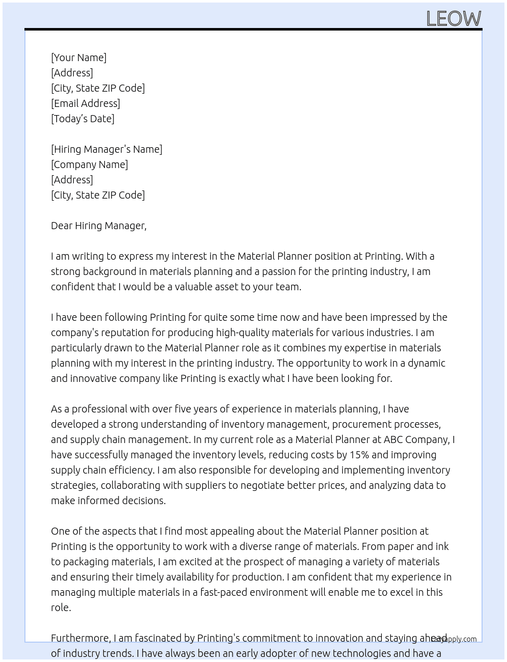 Material planner At Printing  Cover Letter