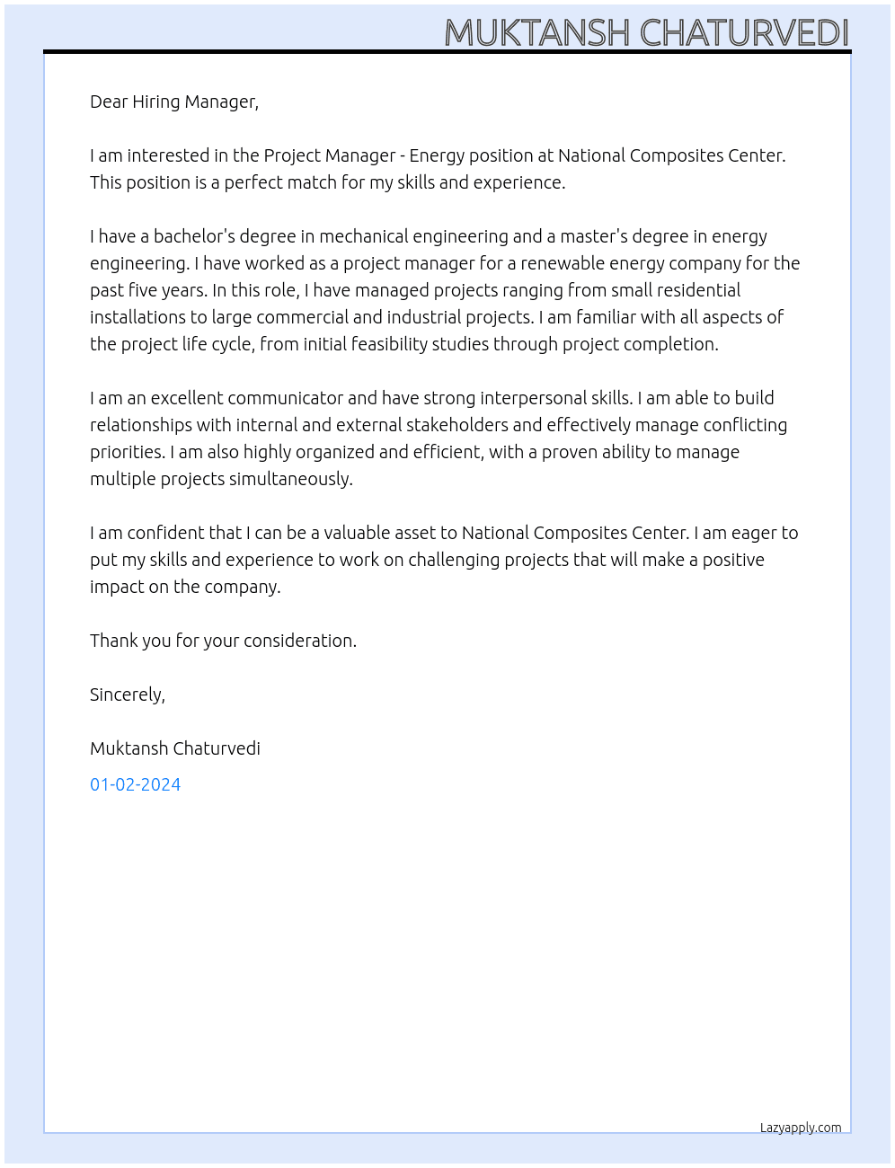 Project Manager - Energy At National Composites Center Cover Letter
