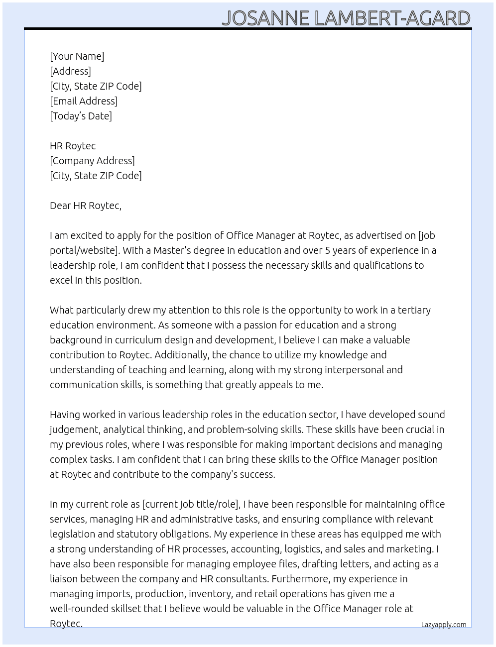 OFFICE MANAGER At roytec Cover Letter