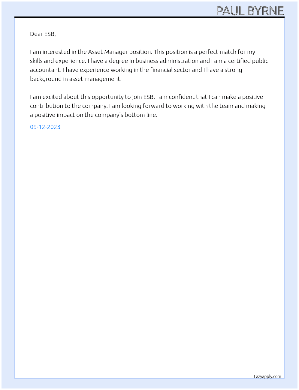 Asset Manager  At ESB Cover Letter