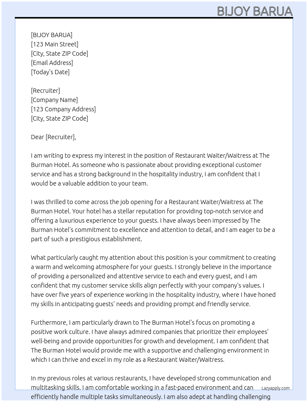 Restaurant Waiter/Waitress At The Burman Hotel Cover Letter