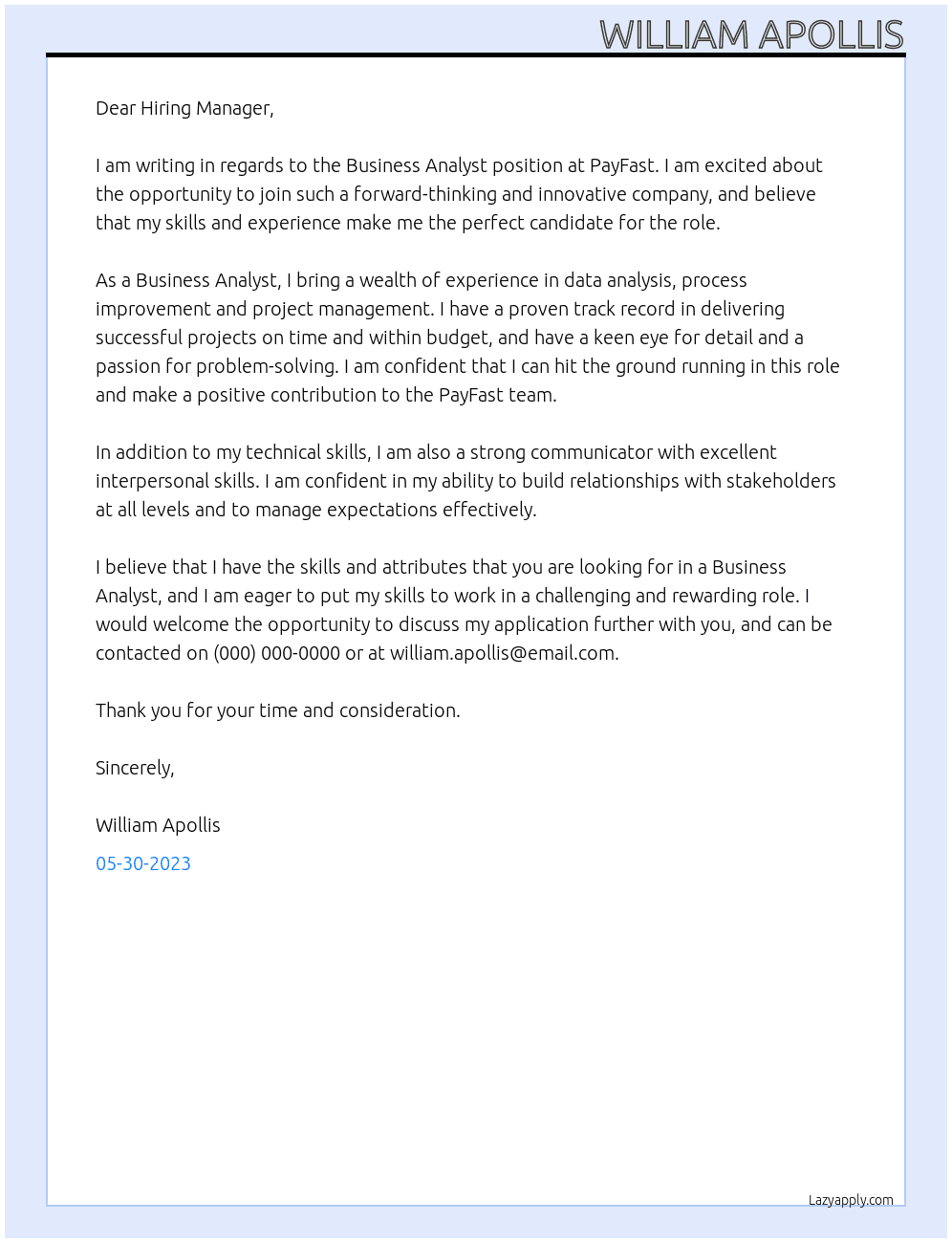 Business Analyst At PayFast Cover Letter
