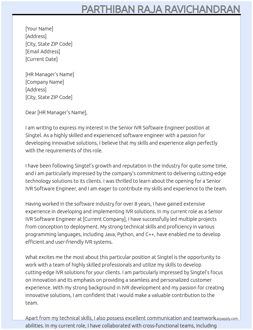 Senior IVR Software Engineer At Singtel Cover Letter