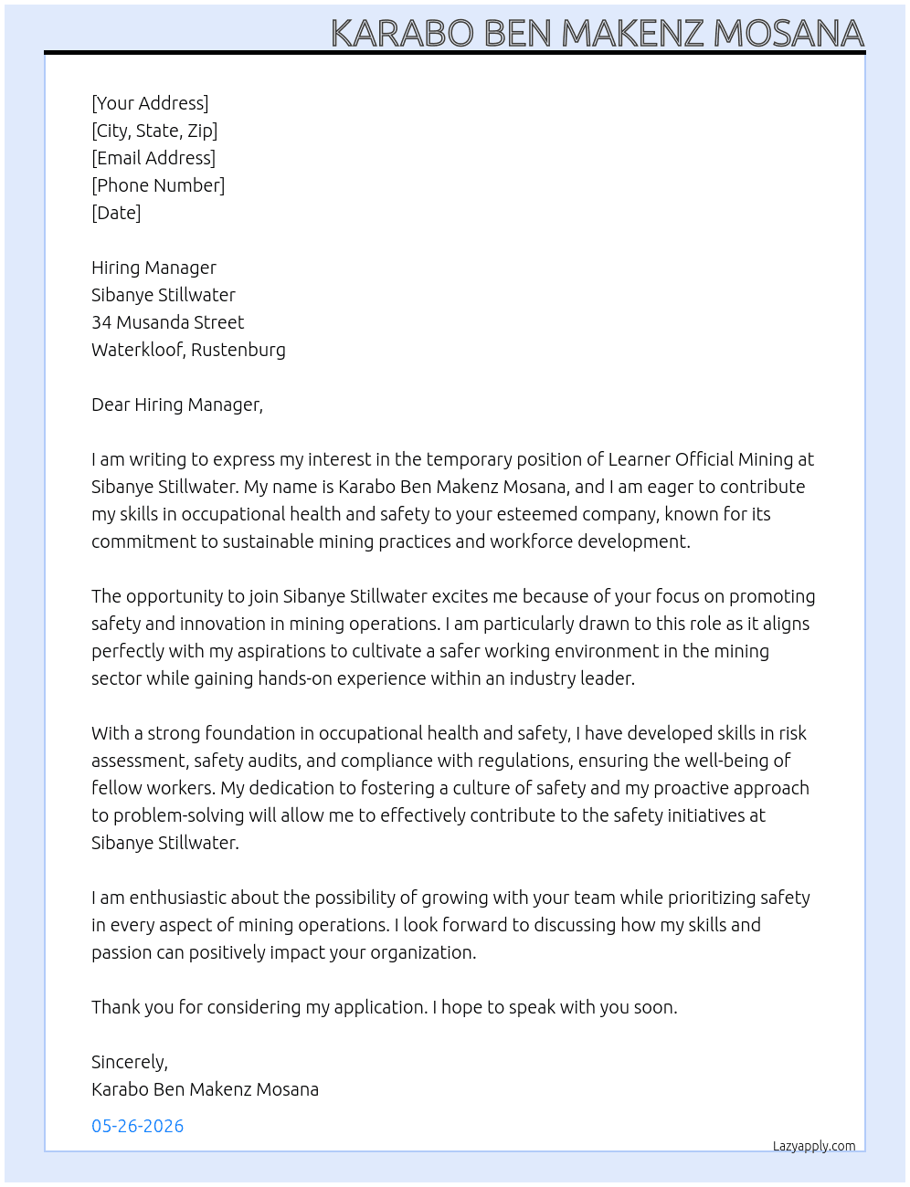 Cover letter for learner official mining - LazyApply