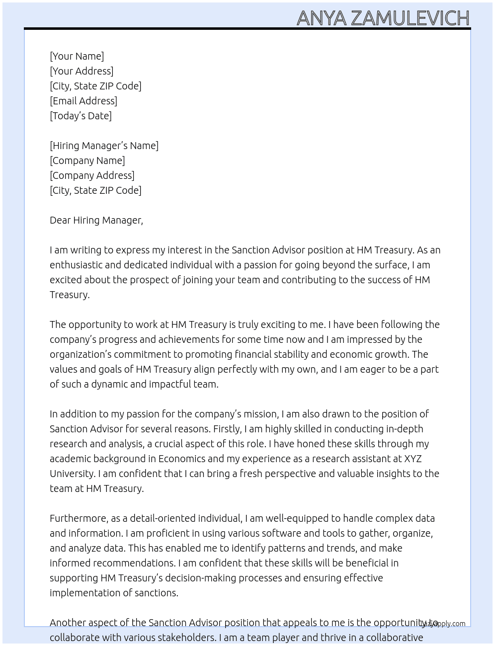 Sanction Advisor At HM Treasury Cover Letter