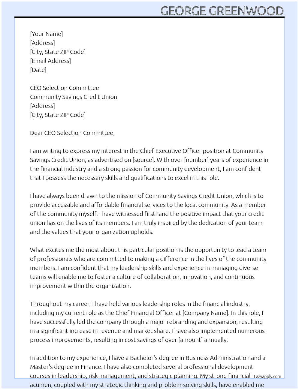 Chief Executive Officer At Community Savings Credit Union Cover Letter
