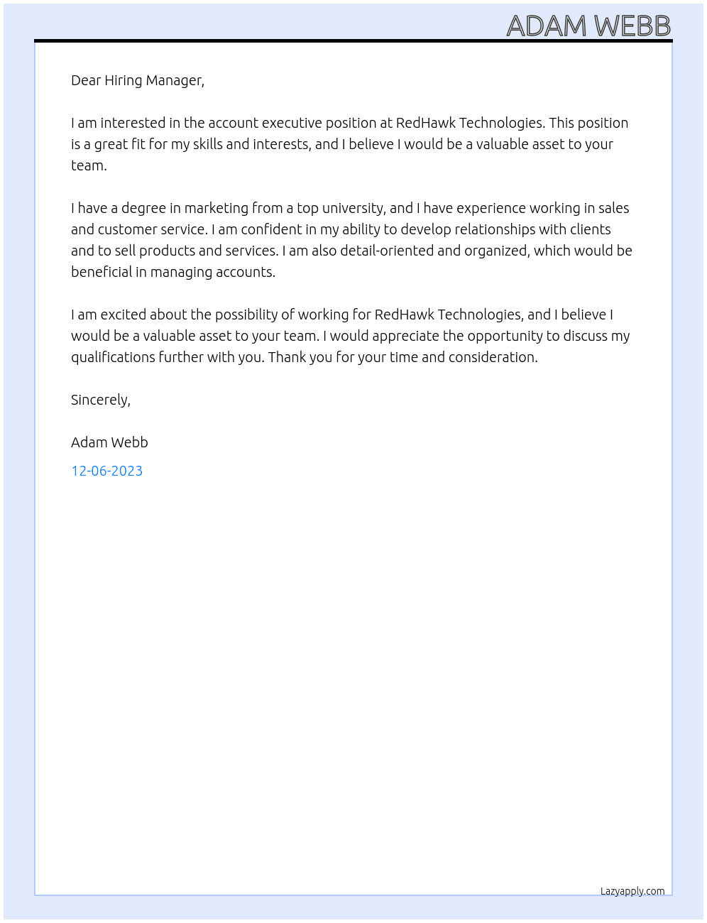 account executive At RedHawk Technologies Cover Letter