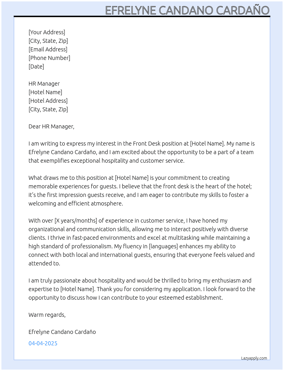 front desk At hotel Cover Letter