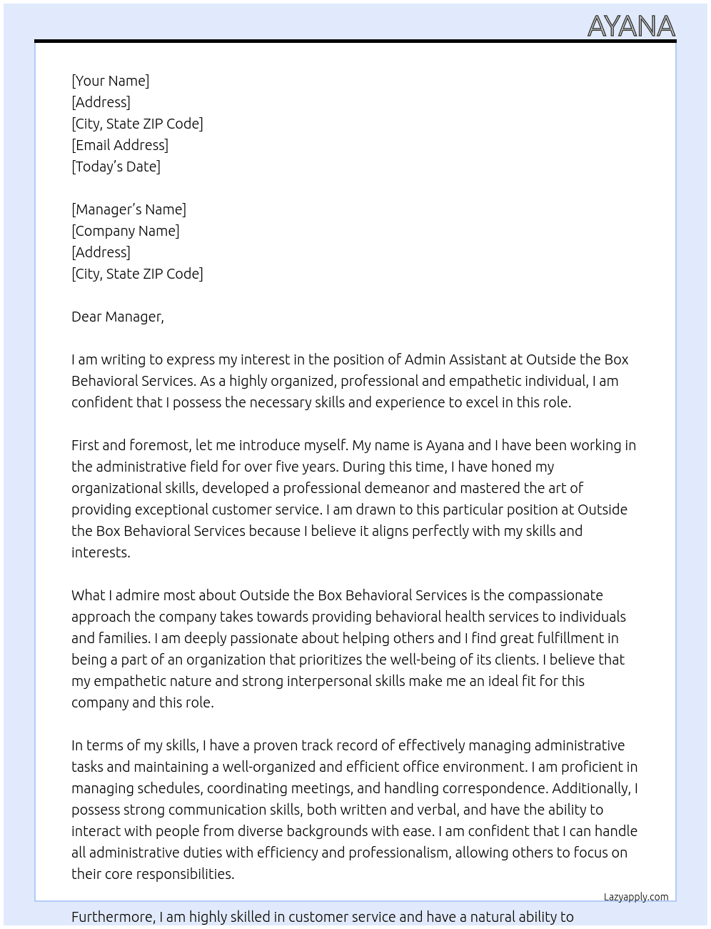 Admin assistant  At Outside the Box Behavioral Services Cover Letter