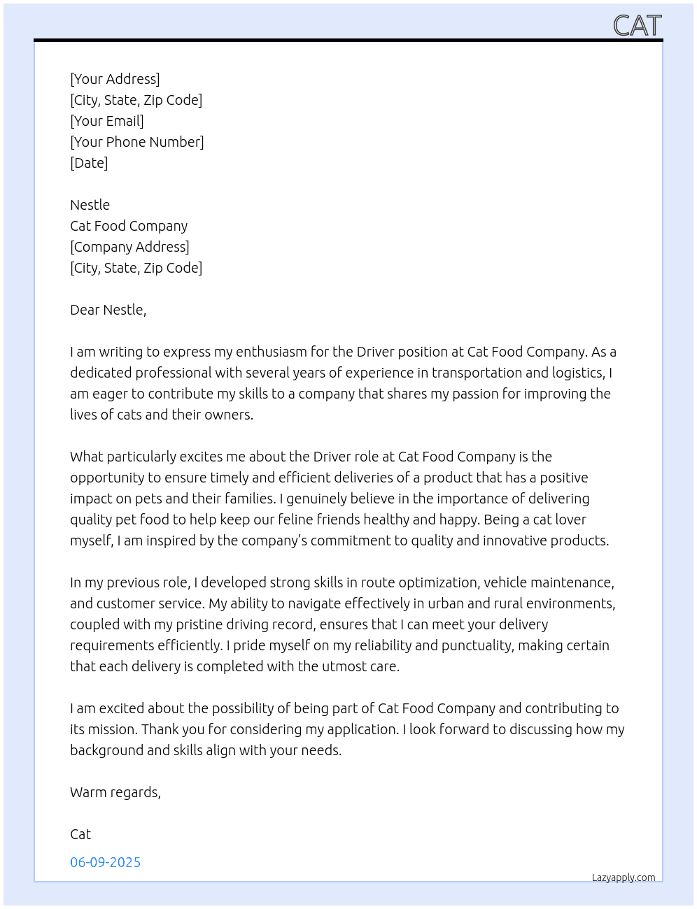 Driver At Cat food company Cover Letter