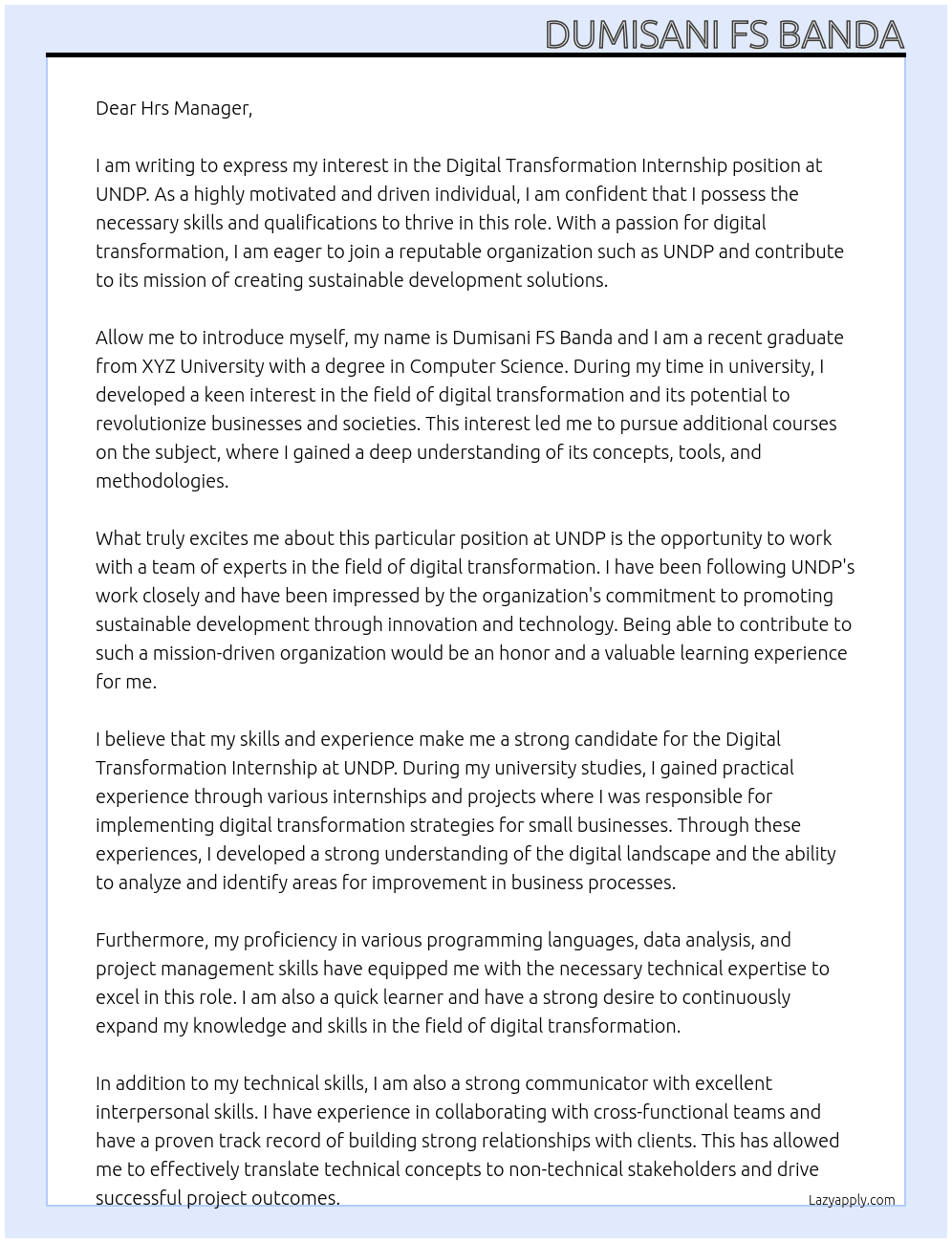 Digital Transformation Internship At UNDP Cover Letter