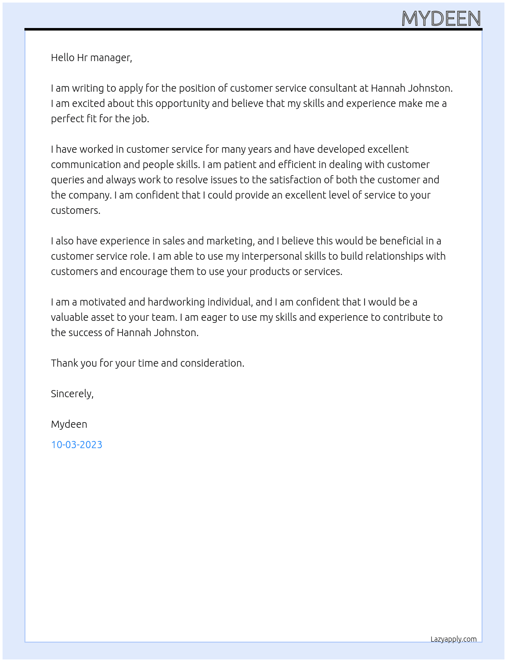 Customer service consultant  At Hannah Johnston  Cover Letter