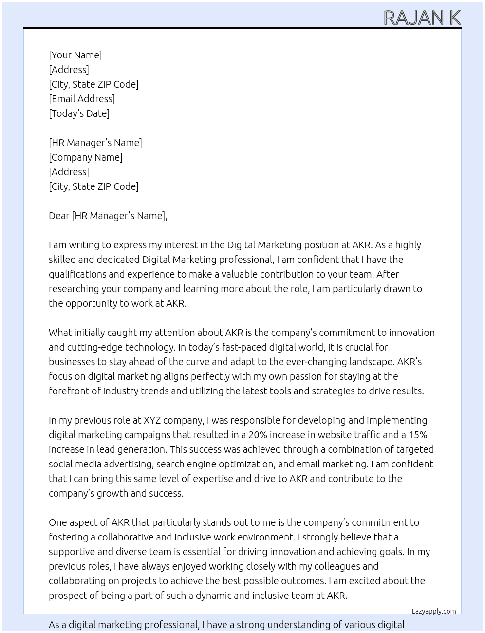 Digital marketing  At AKR Cover Letter