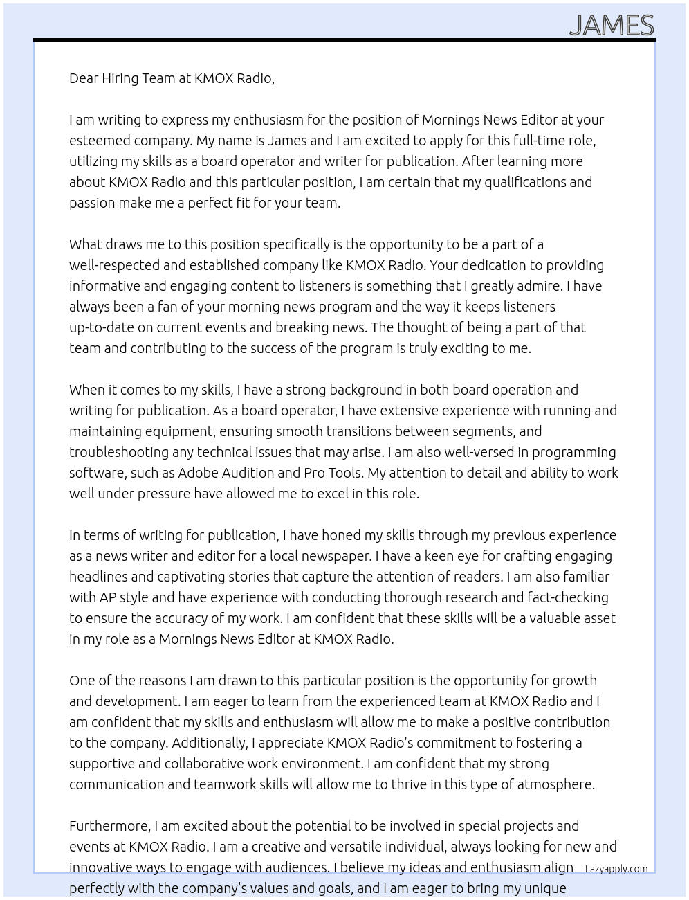 Mornings news editor At KMOX Radio Cover Letter