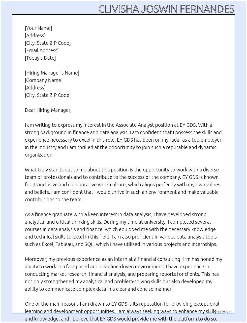 Associate Analyst At EY GDS Cover Letter