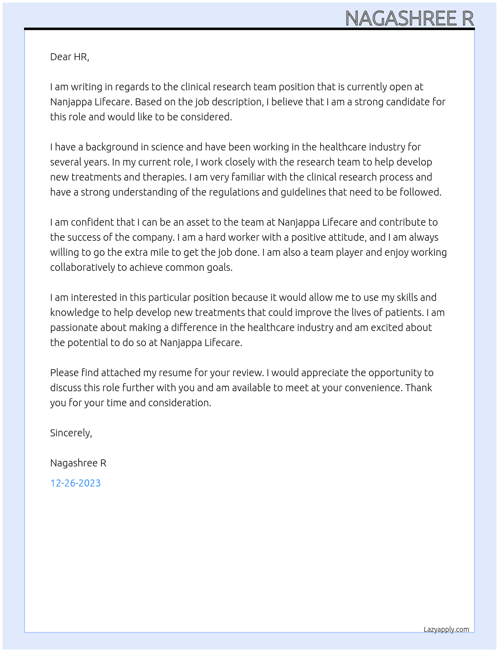 clinical research team At Nanjappa lifecare  Cover Letter