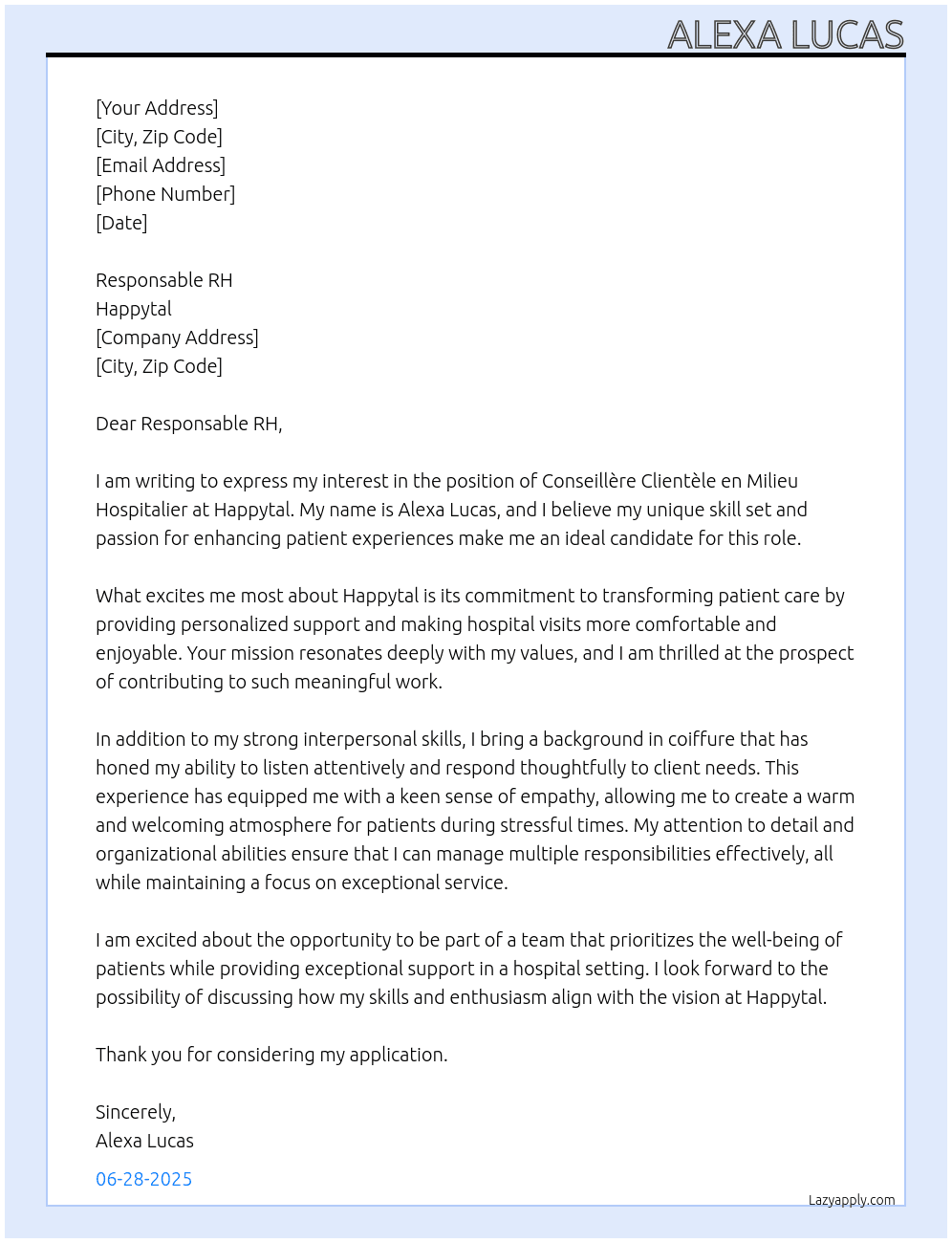conseillère clientèle en milieu hospitalier At happytal Cover Letter