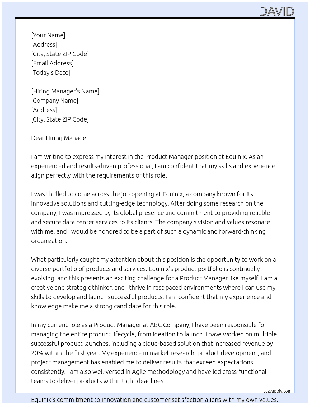 Product Manager At Equinix Cover Letter