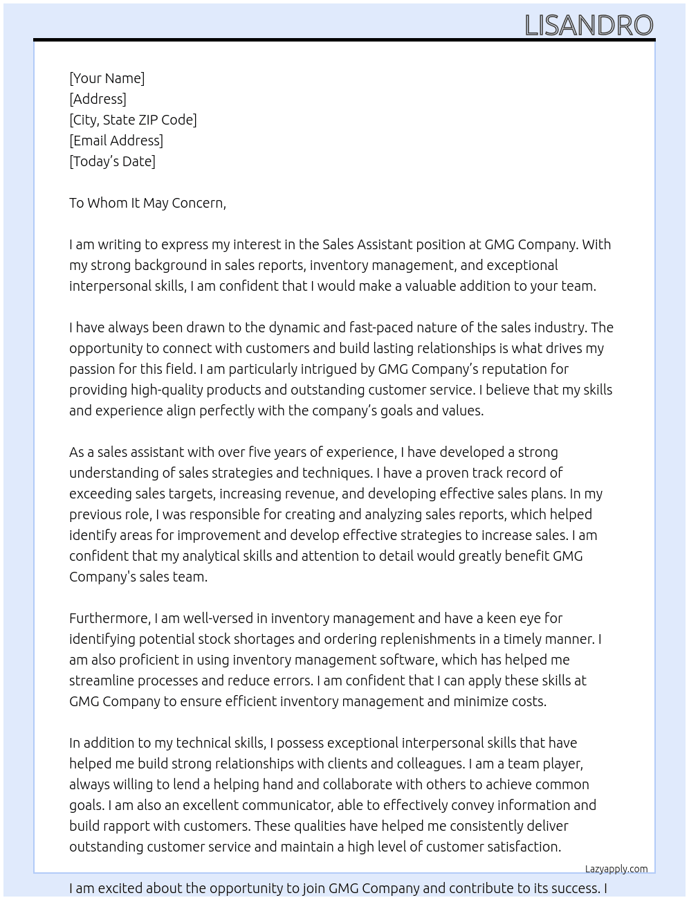 Sales assitant At GMG Company Cover Letter